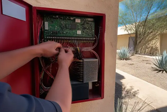 Technician repairing commercial fire alarm system wiring in a control panel in Phoenix, AZ.