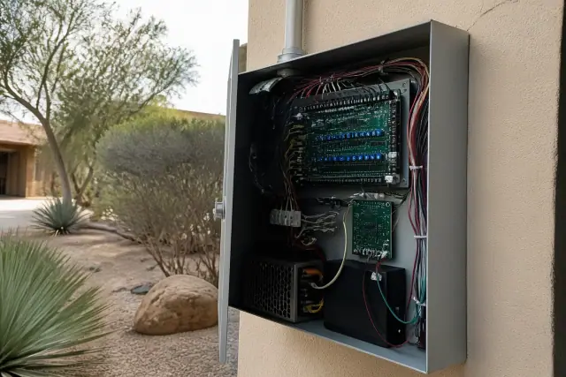 Open fire alarm control panel with exposed wiring and diagnostic equipment on a stucco wall in Glendale, AZ.
