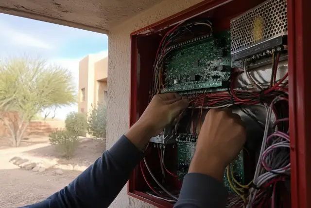 Technician wiring a fire alarm control panel with multicolored circuits at a jobsite in Mesa, AZ.