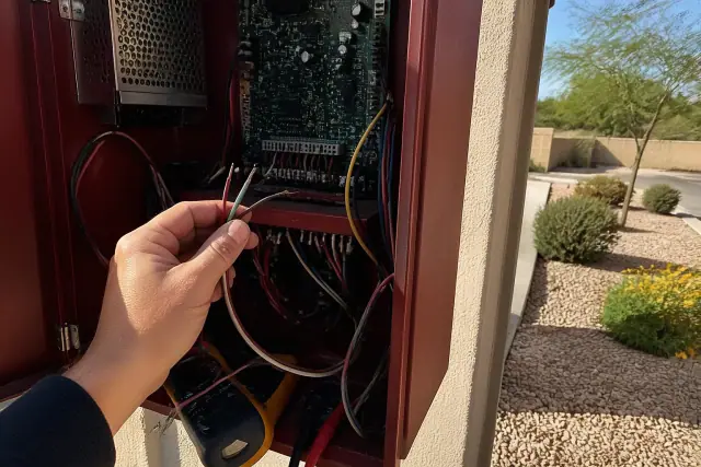 Technician repairing a wall-mounted fire alarm control panel with exposed wiring in Gilbert, AZ.