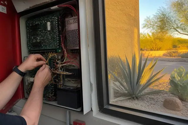 Technician repairing fire alarm system wiring inside a control panel in Scottsdale, AZ with desert landscaping outside.