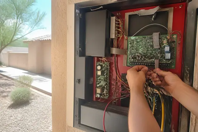 Technician repairing fire alarm system circuits inside a wall-mounted panel in Surprise, AZ.