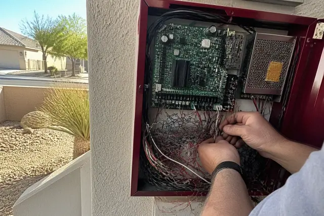 Technician repairing fire alarm system wiring in a control panel at a job site in Chandler, AZ.