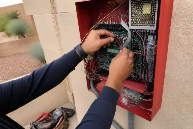Technician repairing a fire alarm control panel circuit board at a building in Peoria, AZ.