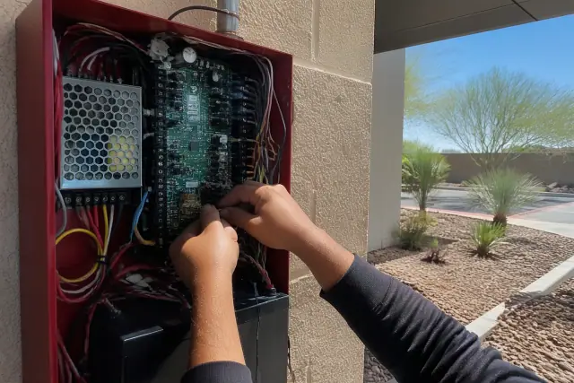 Technician hands wiring a fire alarm control panel cabinet with desert landscaping visible in Goodyear, AZ.