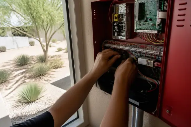 Technician hands repairing wiring inside a fire alarm control panel at a job site in Avondale, AZ.
