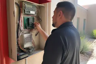 Technician inspecting the wiring inside a fire alarm control panel cabinet at a Phoenix, AZ construction site.