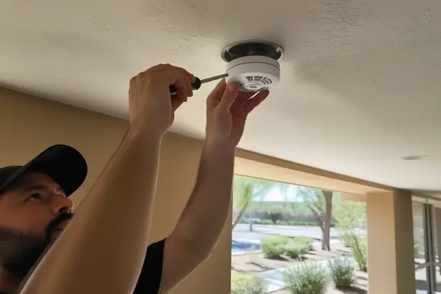 Technician installing a smoke detector on a ceiling junction box at a jobsite in Phoenix, AZ.