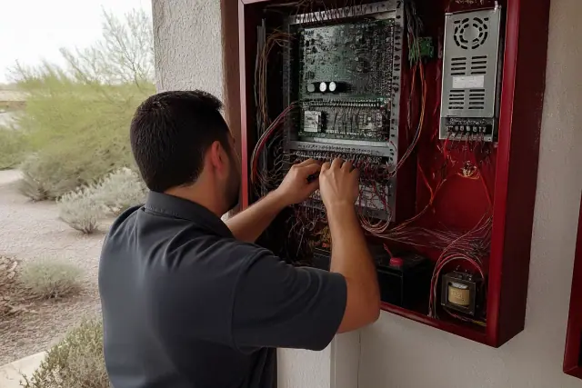Technician wiring a fire alarm control panel cabinet on a stucco wall in Scottsdale, AZ.