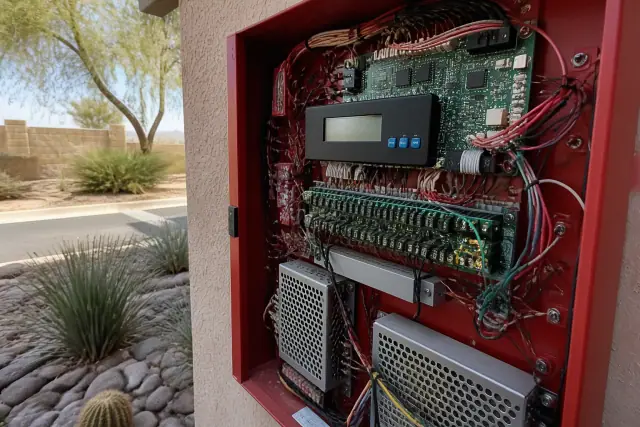 Interior of a fire alarm control panel cabinet with logic boards against a desert landscape wall in Surprise, AZ.
