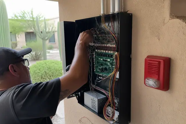 Technician wiring a fire alarm control panel in a Peoria, AZ building.