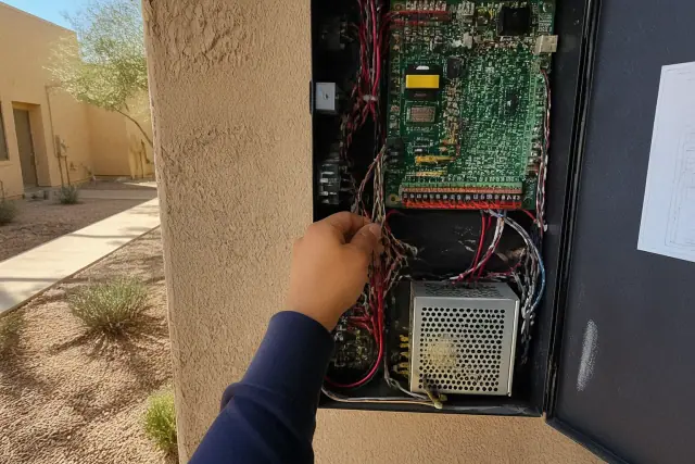 Technician wiring a fire alarm control panel in a building in Chandler, AZ.