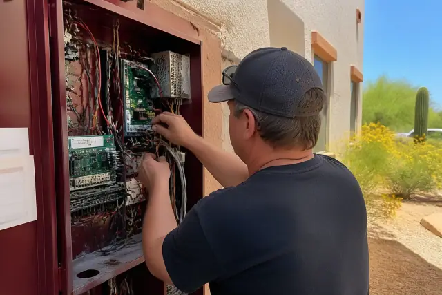 Technician wiring a fire alarm control panel for a project in Tempe, AZ.