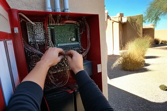 Technician wiring a fire alarm control panel inside a building in Glendale, AZ.