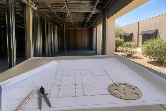 Fire alarm system design floor plan on a jobsite table at a commercial property in Gilbert, AZ.