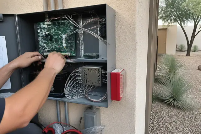 Technician wiring a fire alarm control panel inside a building in Avondale, AZ with desert landscaping visible outside.