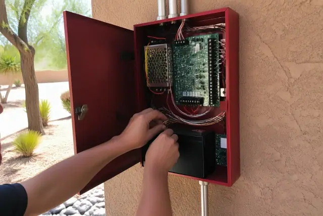 Technician wiring a fire alarm control panel inside a building in Phoenix, AZ.