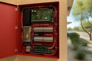 Clean interior of a wall-mounted fire alarm control panel with organized wiring at a Phoenix, AZ construction site.