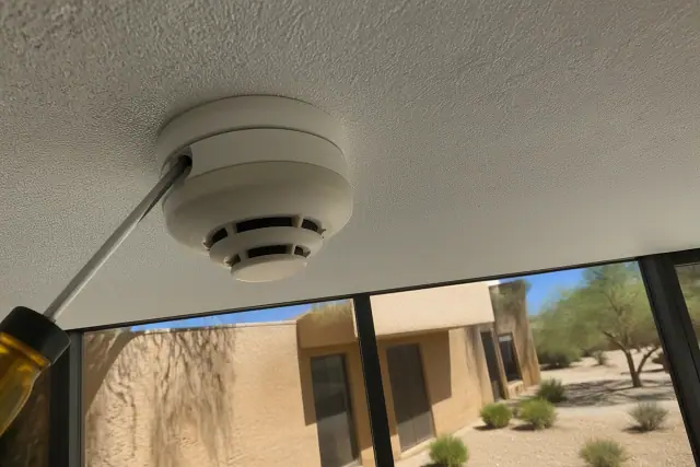 Technician mounting a smoke detection sensor to a commercial ceiling junction box in Phoenix, AZ.