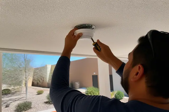 Technician installing a smoke detector on a commercial ceiling in Goodyear, AZ.