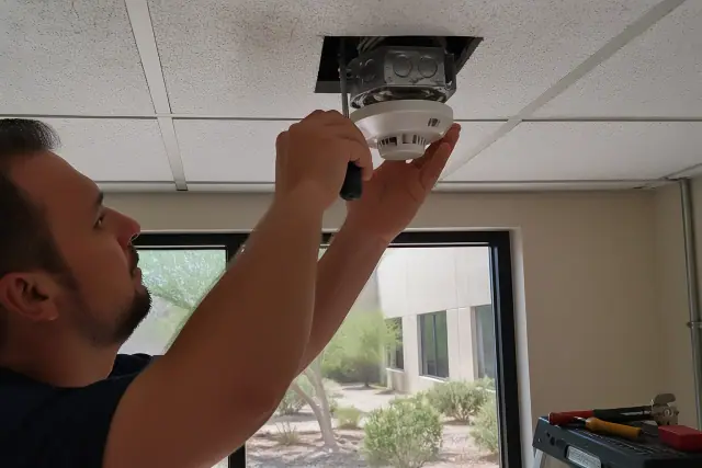 Technician installing a smoke detector on a commercial ceiling in Scottsdale, AZ.
