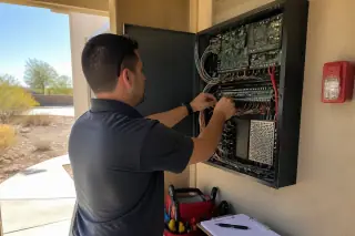 Technician wiring a fire alarm control panel cabinet at a Phoenix, AZ jobsite.