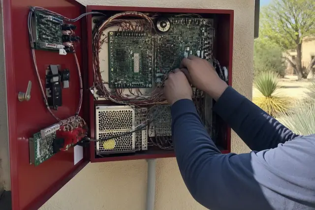 Technician wiring a fire alarm control panel during a system upgrade in Phoenix, AZ.