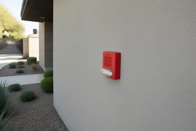 Wall-mounted fire alarm horn-strobe device installed on a stucco exterior wall in Gilbert, AZ.