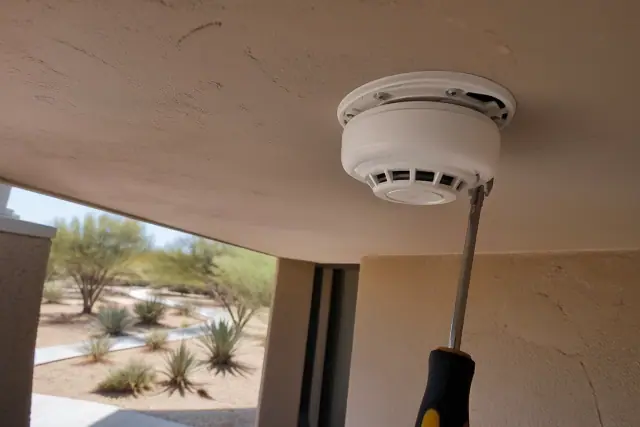 Technician installing a smoke detector on a ceiling junction box in Goodyear, AZ with desert landscape in the background.