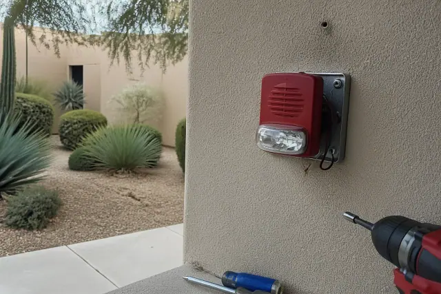 Technician installing a fire alarm horn-strobe device on a stucco wall at a job site in Scottsdale, AZ.