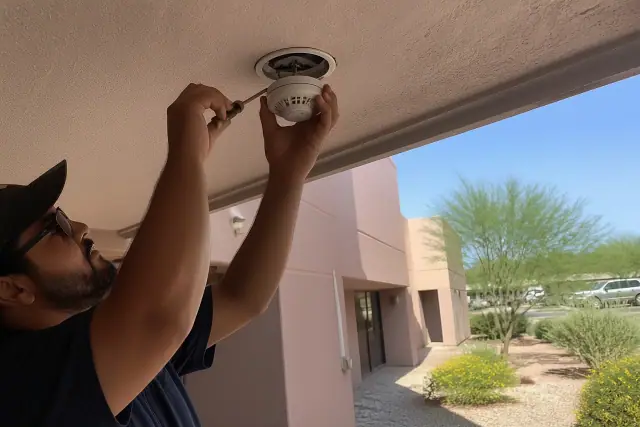 A technician installing a smoke detector on a commercial ceiling in Chandler, AZ.