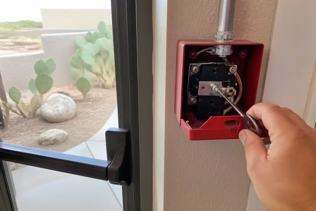 Technician inspecting a manual fire alarm pull station at a building entrance in Phoenix, AZ.