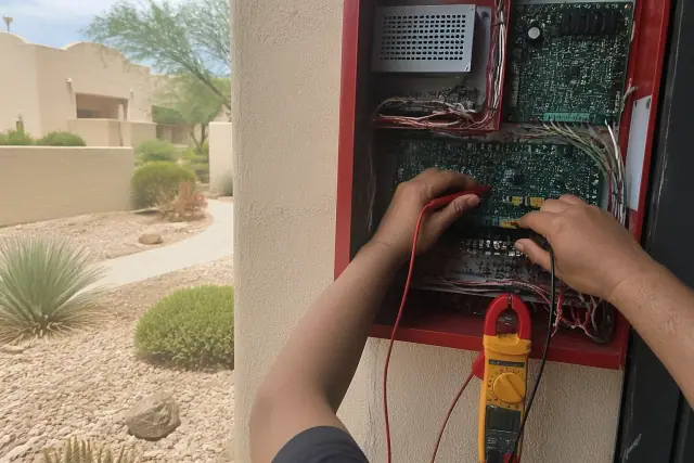 Technician using a multimeter to diagnose a ground fault at a fire alarm control panel in Phoenix, AZ.