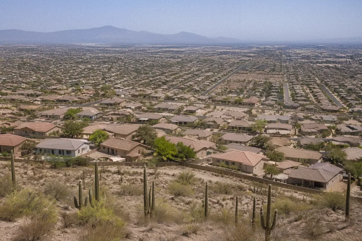 Aerial view of residential neighborhoods, desert washes, and low-rise buildings in Phoenix, AZ.