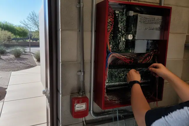 Technician wiring a fire alarm control panel in a building in Phoenix, AZ.
