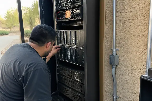 Technician inspecting modular amplifier cards in a voice evacuation rack at a jobsite in Phoenix, AZ.