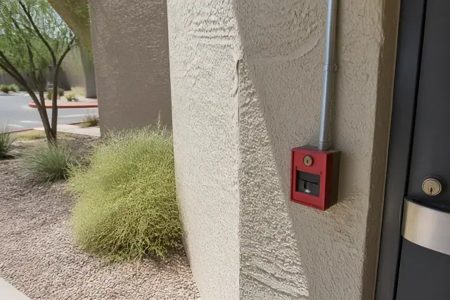 Technician inspecting a red fire alarm pull station by an exit door during a system check in Phoenix, AZ.