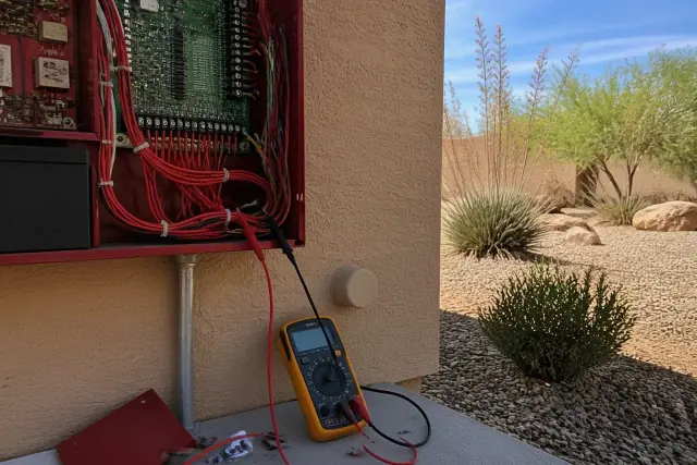 Technician testing fire alarm system voltage at a terminal block in Phoenix, AZ, with desert landscaping in the background.