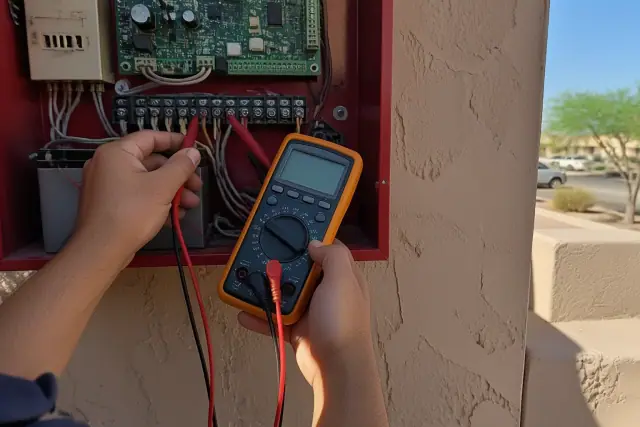 Technician using a multimeter to test a fire alarm system terminal block during maintenance in Phoenix, AZ.