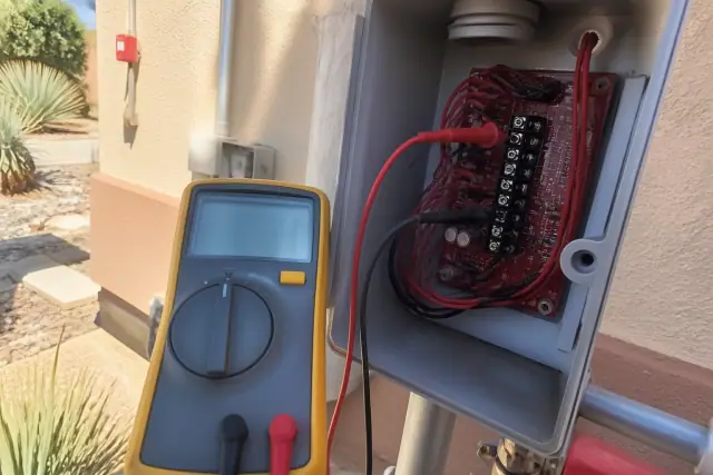 Technician testing fire alarm system voltage with a multimeter at a building in Phoenix, AZ.