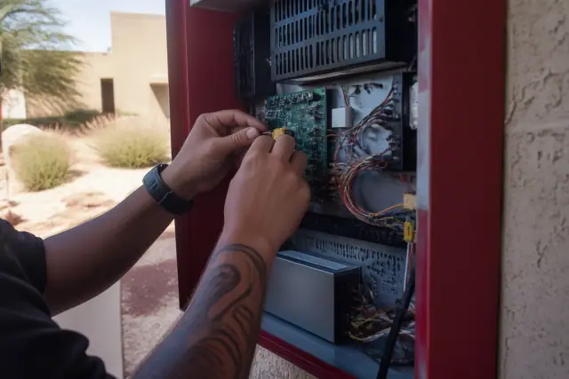 Technician wiring a fire alarm control panel in Phoenix, AZ, with desert landscaping visible in the background.