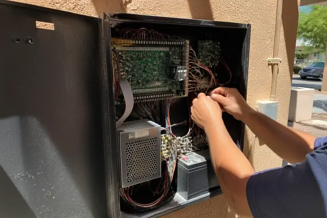 Technician hands wiring a fire alarm control panel in a building in Phoenix, AZ.