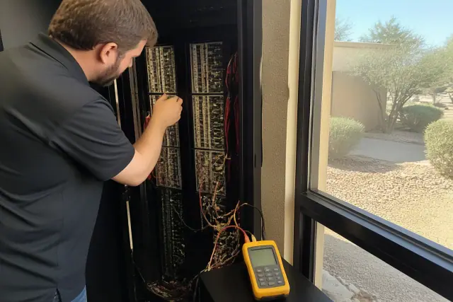 Technician testing a voice evacuation server rack in Phoenix, AZ.