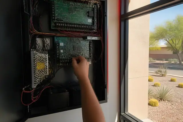 Technician wiring a fire alarm control panel cabinet with multicolored circuits in Phoenix, AZ.