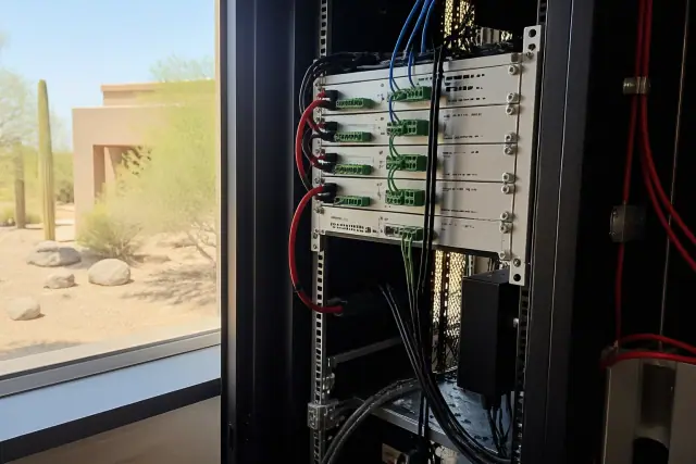 Technician inspecting mass notification amplifier cards in a server rack at a building in Phoenix, AZ.