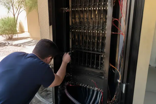 Technician inspecting mass notification system wiring inside a server rack at a building in Phoenix, AZ.