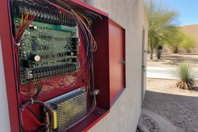 Technician wiring a fire alarm control panel cabinet at a worksite in Phoenix, AZ.