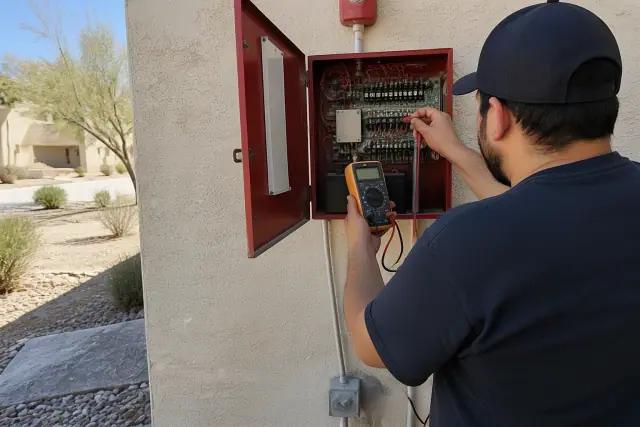 Technician using a multimeter to test a fire alarm system at a sun-bleached building in Phoenix, AZ.