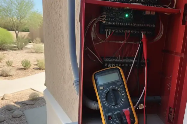 Multimeter testing fire alarm wiring on a stucco wall during maintenance in Phoenix, AZ.
