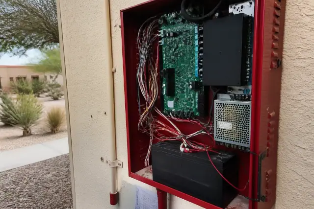 Technician wiring a fire alarm control panel inside a building in Phoenix, AZ.
